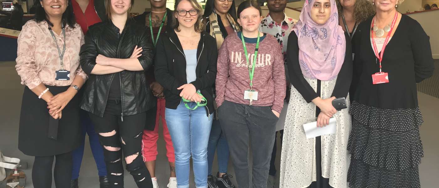 Female career colleges students from barking dagenham college on the digital girls workshop with their teachers and julia von klonowski of the career colleges trust on the far right