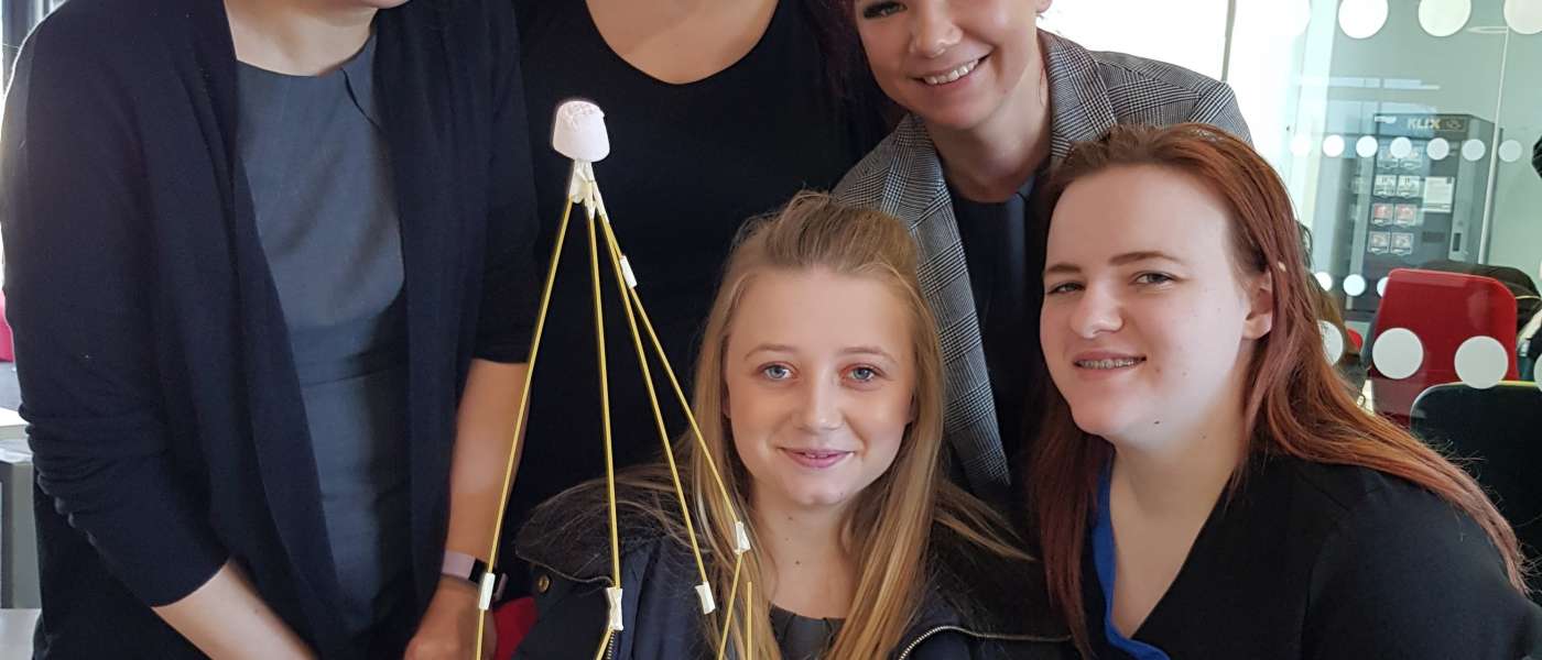 Marshmallow challenge tests students team skills including lucy blythe front centre