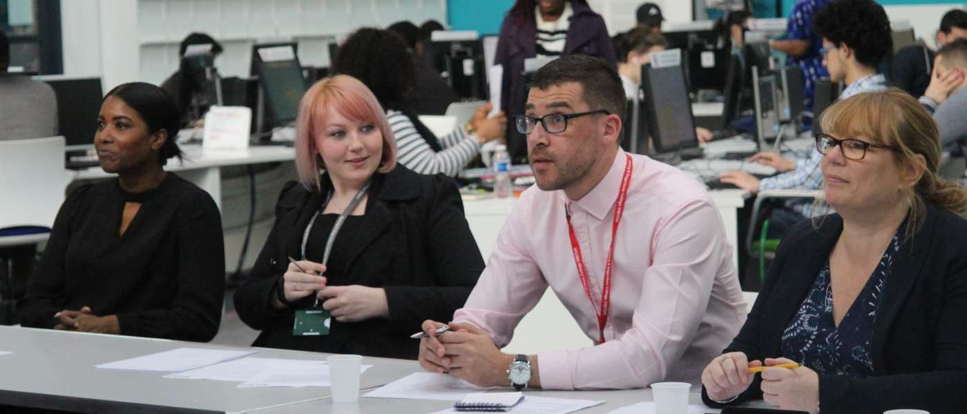 Paul sullivan judging the business and enterprise competition during his national apprenticeship week visit to barking dagenham college 2