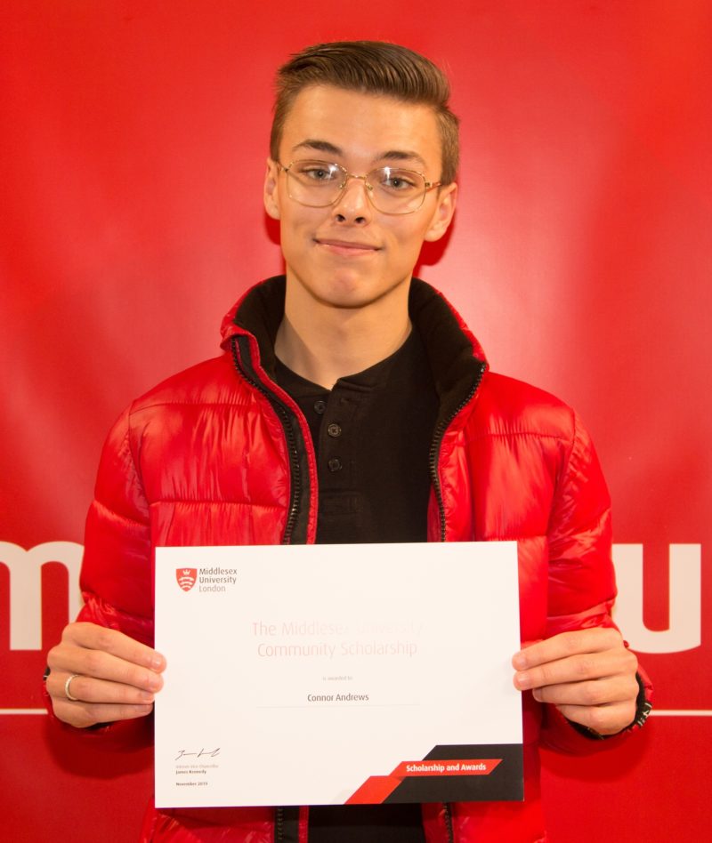 Connor Andrews former Uniformed Public Services student from Barking Dagenham receiving his Middlesex University Community Scholarship crop