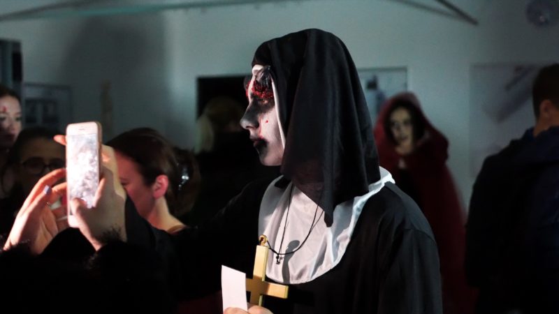 Halloween escape room Possessed Nun makeup by Chantelle Greenfield acted by performing arts student Harry Trinder