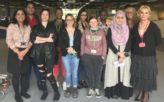 Female career colleges students from barking dagenham college on the digital girls workshop with their teachers and julia von klonowski of the career colleges trust on the far right