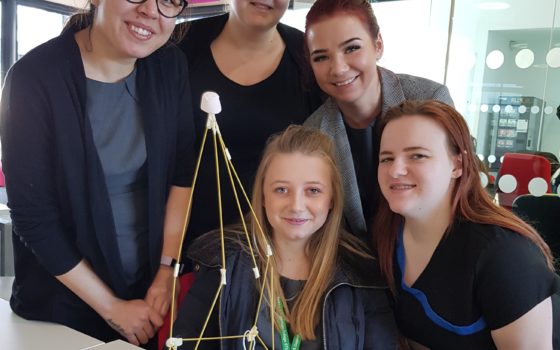 Marshmallow challenge tests students team skills including lucy blythe front centre