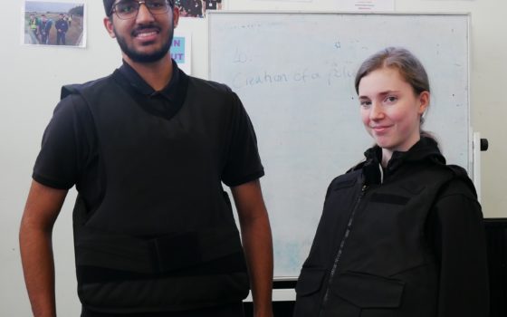 Public services students paul atwal 16 from ilford and jessica banks 17 from dagenham try on the donated bulletproof vests