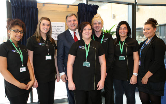 Strictly contestant and former education minister ed balls opening the technical skills academy pictured with some hair beauty students