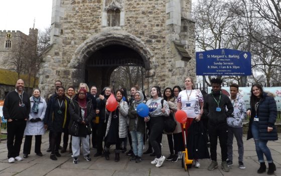 Technical skills academy staff and students about to begin their sponsored walk for sport relief at barking abbey