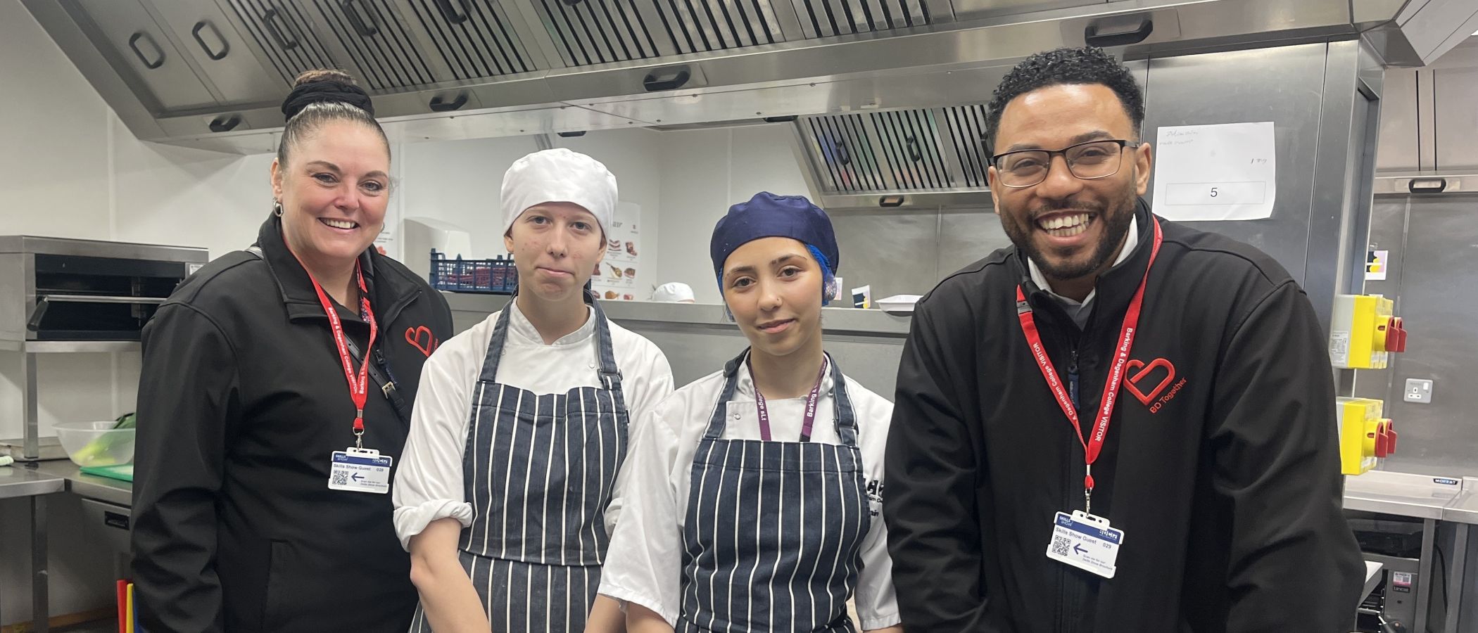 Hospitality students Amy Harvey and Chloe Gain with judges Lisa Morris and Fabio Jesus from BD Group