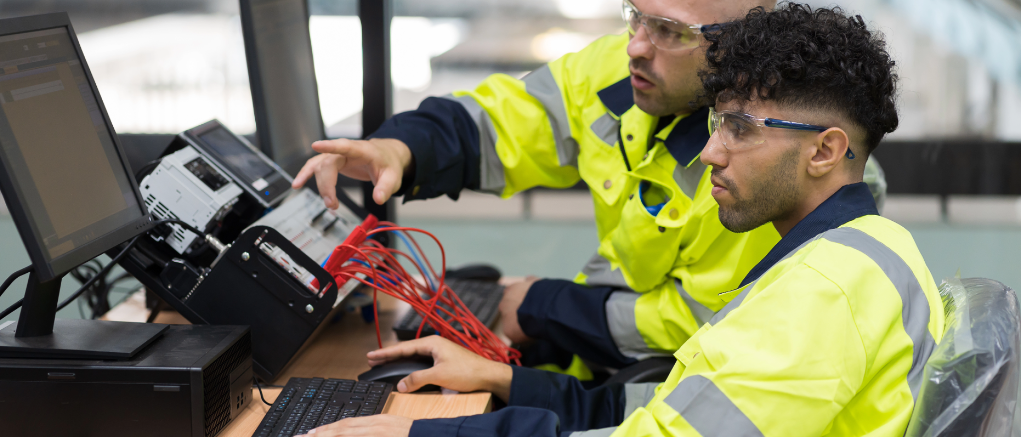 Two people wearing safety glasses and high-visibility clothing work at a computer workstation, reviewing technical equipment and wiring in an industrial training or engineering environment.