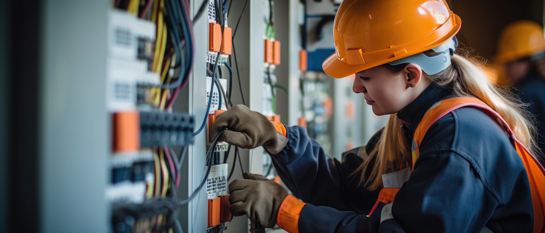 A person wearing a hard hat, high-visibility clothing and protective gloves works on electrical wiring inside an industrial control panel, with additional equipment and workers visible in the background.