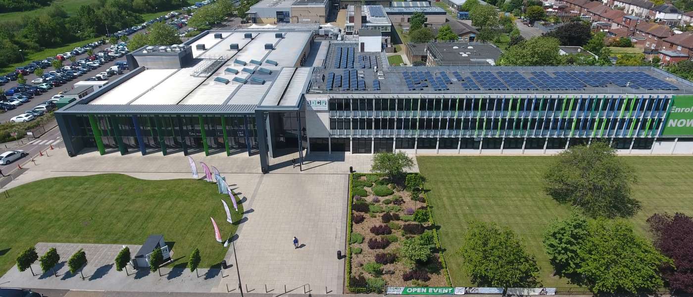 Aerial view of the Rush Green Campus and car park