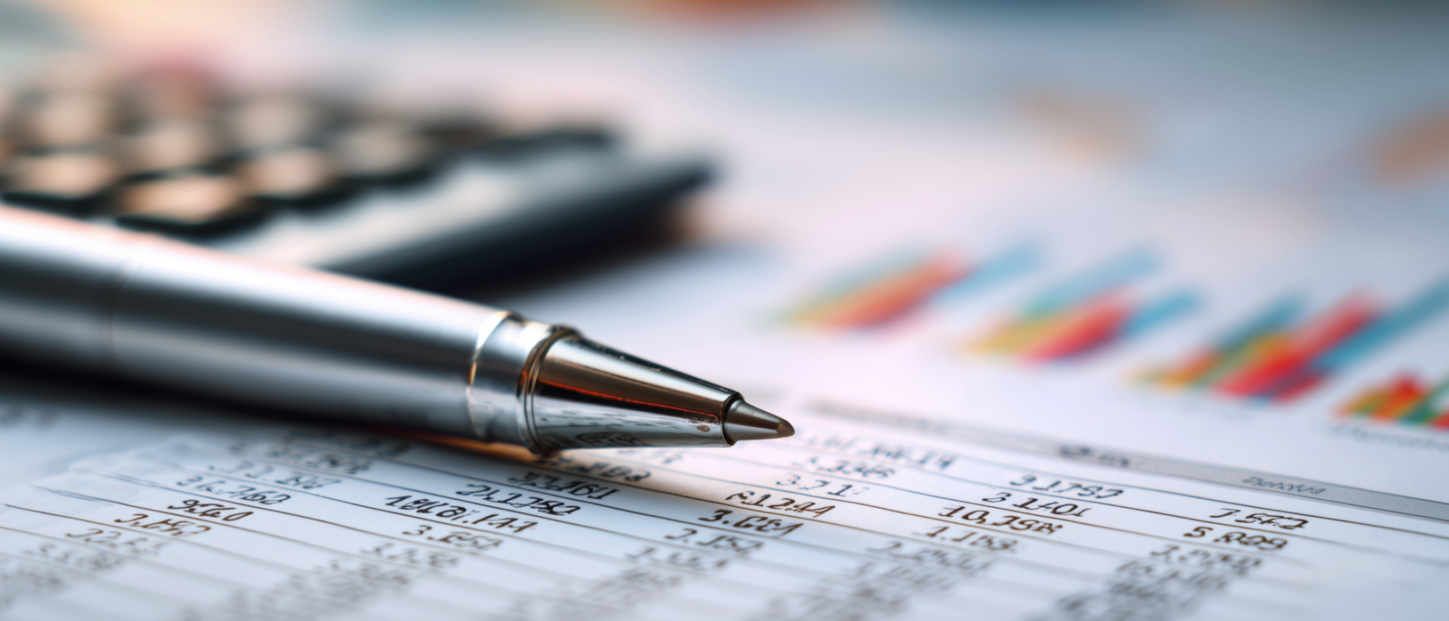 A close-up of a pen resting on financial documents with numerical data and colourful charts, with a calculator blurred in the background.