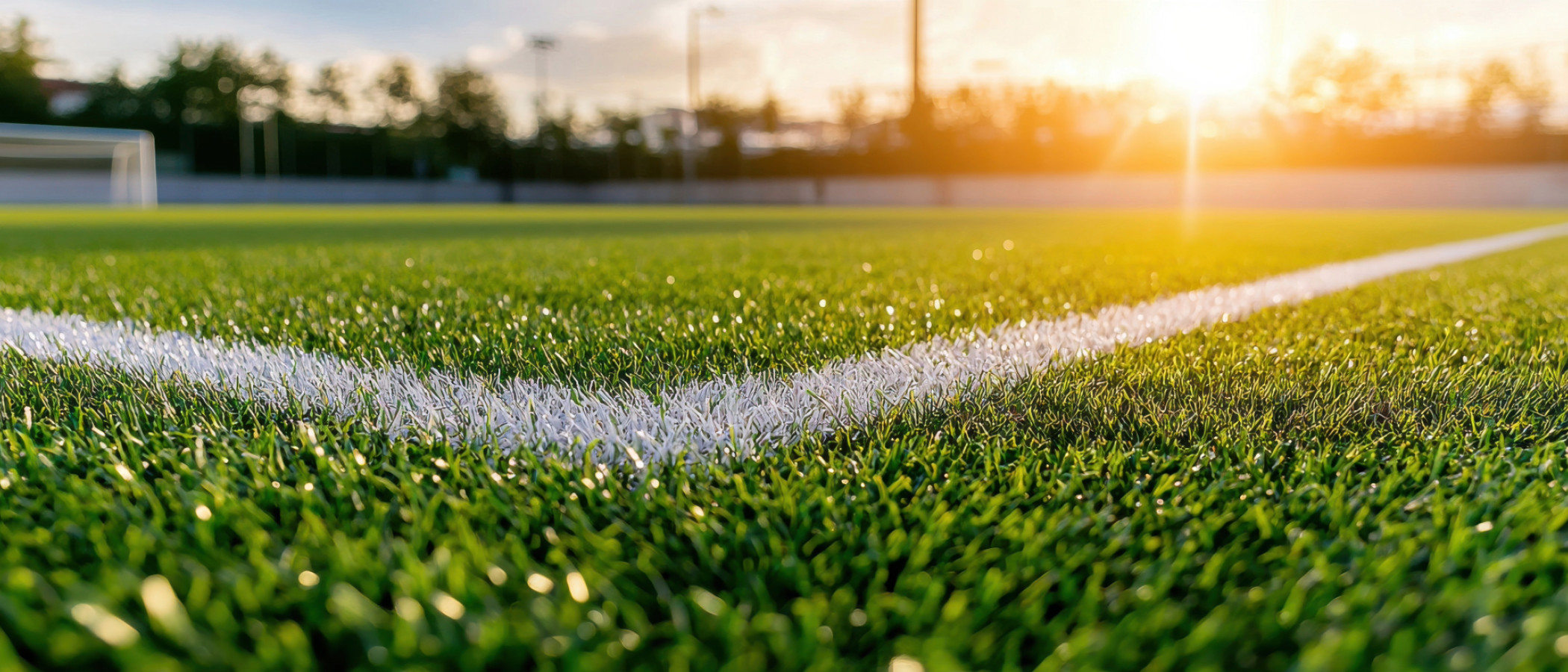 A close-up of a sports pitch with white field markings on artificial grass, illuminated by sunlight.