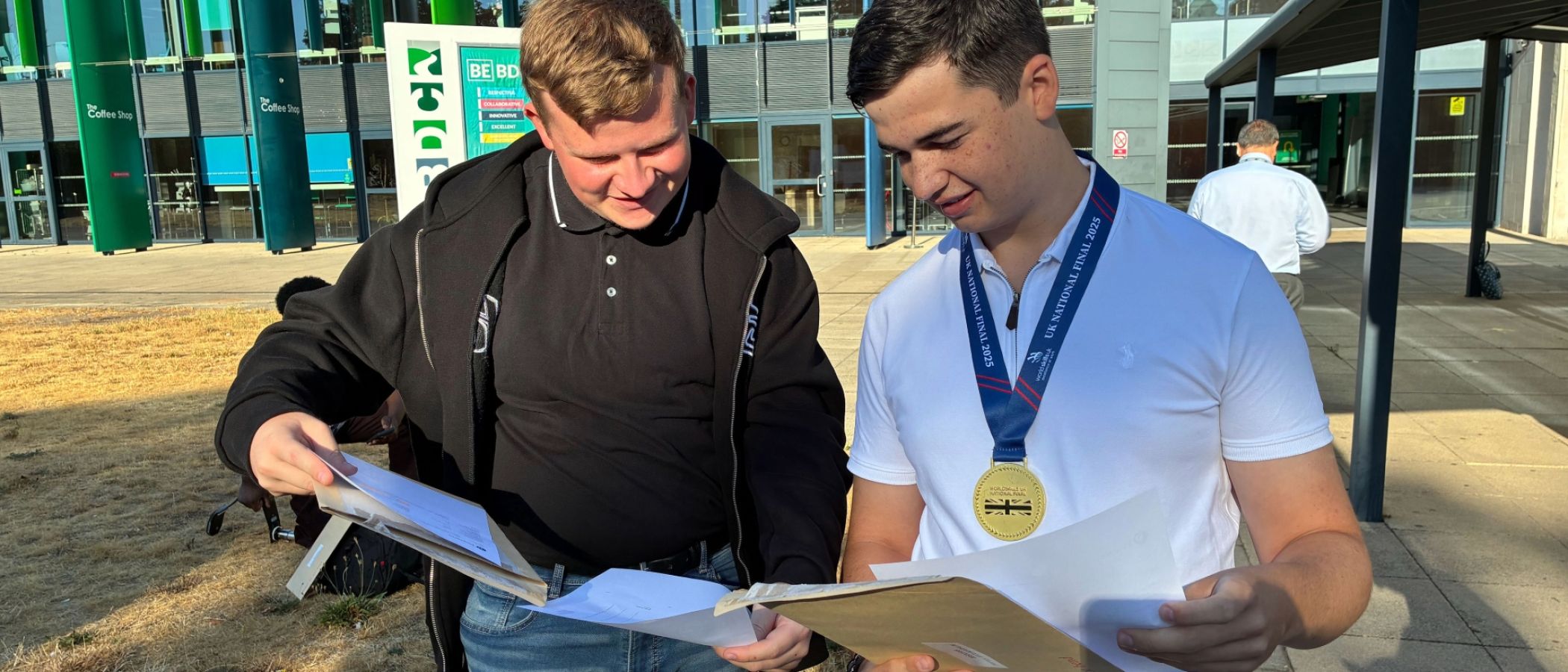 Students Kseveras Gramauskas left BTEC in Business celebrates with Harvey Mc Laughlin Engineering T Level at Barking Dagenham College 13th August 2026 pic 3