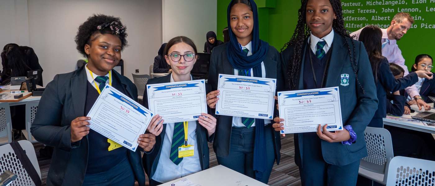 The winning team of school girls who took part in an interactive Escape Room exercise run by the London Metropolitan Police Cyber Choices Team