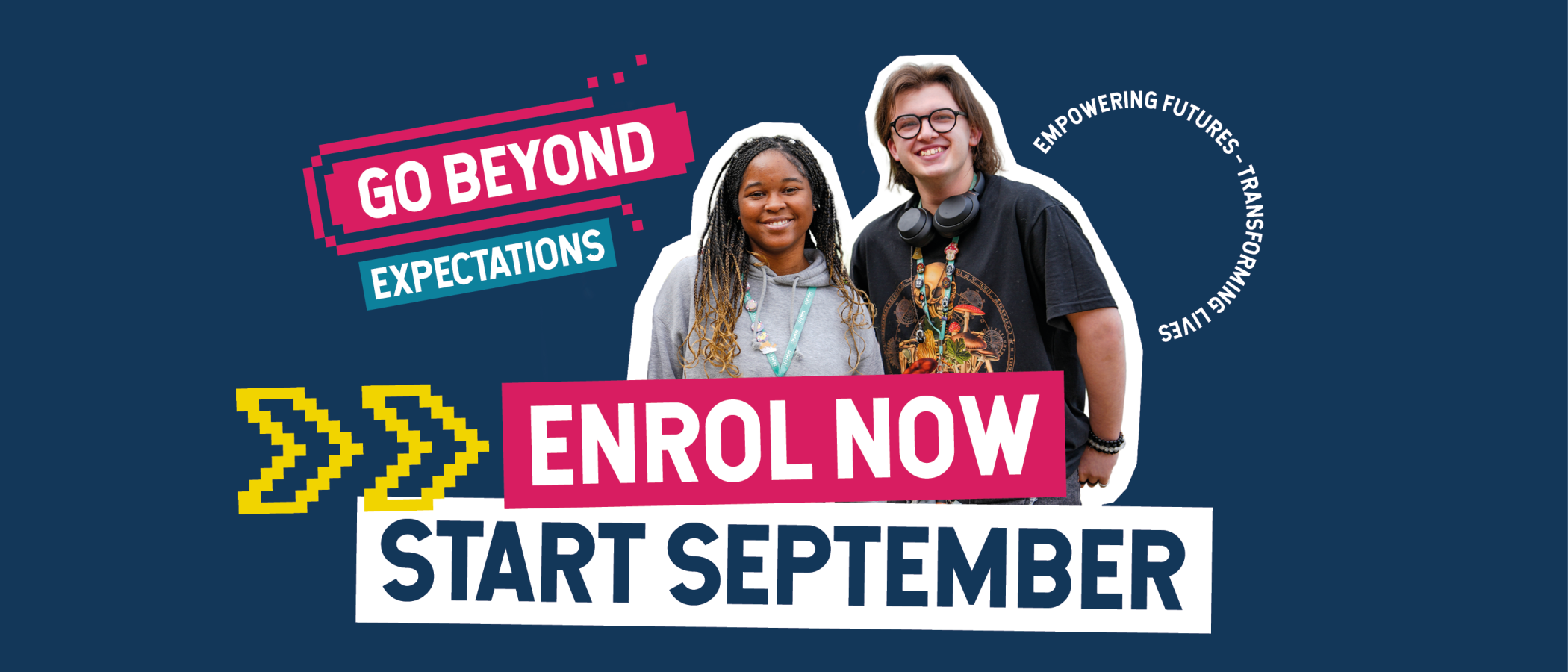 Two smiling young people standing together in front of a building with a bold pink APPLY NOW callout and a yellow sparkle graphic on a dark blue navy background