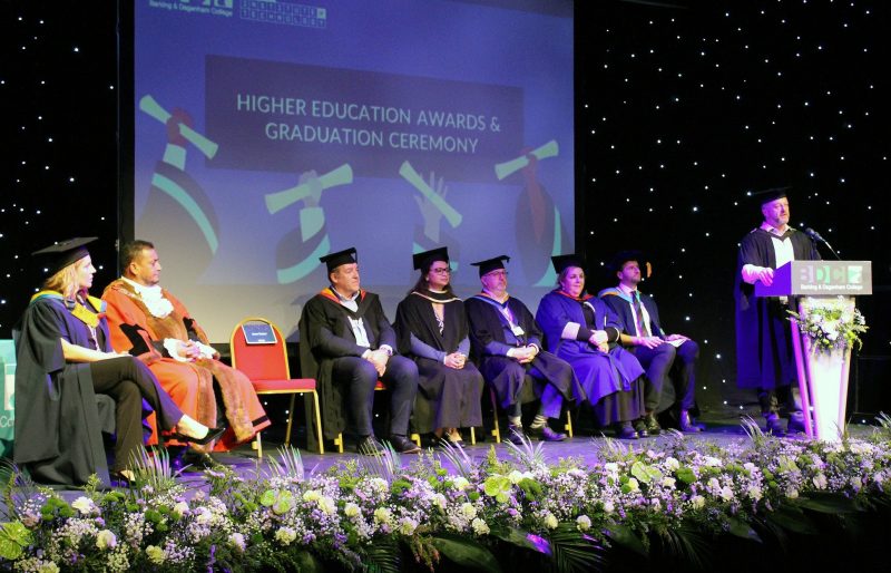 Barking Dagenham College Graduation 2022 with The Mayor of Barking and Dagenham Cllr Faruk Choudhury and Jason Turton Chief Operating Officer at the lectern