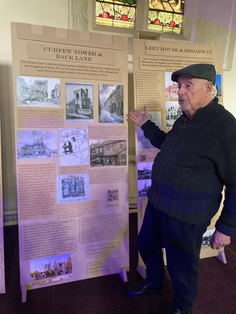 Barking Heritage volunteer Eric Feasey at the Heritage Exhibition in Eastbury Manor House which 3 D design students from Barking Dagenham College designed