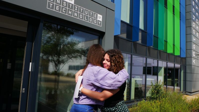 East London Institute of Technology BTEC students Hollie Young left hugs Keytrin Gyumova right after receiving their BTEC results