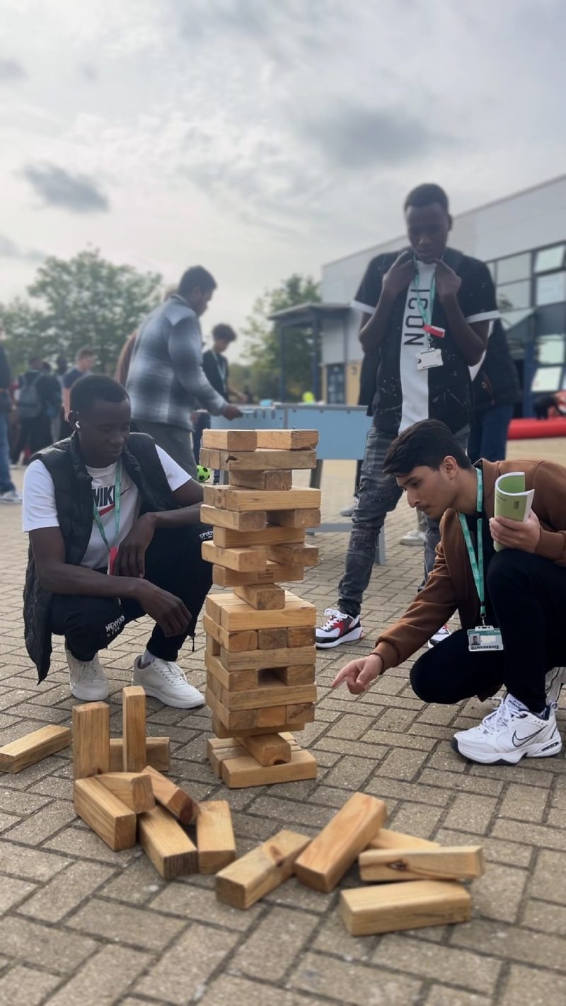 Freshers Fair at Barking Dagenham College Students enjoy giant jenga