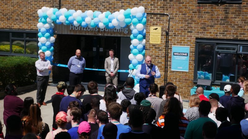 Speeches at the opening of the new Horizons Building. From left to right: Jason Turton, Graham Hough, Nick Kavanagh and David Francis