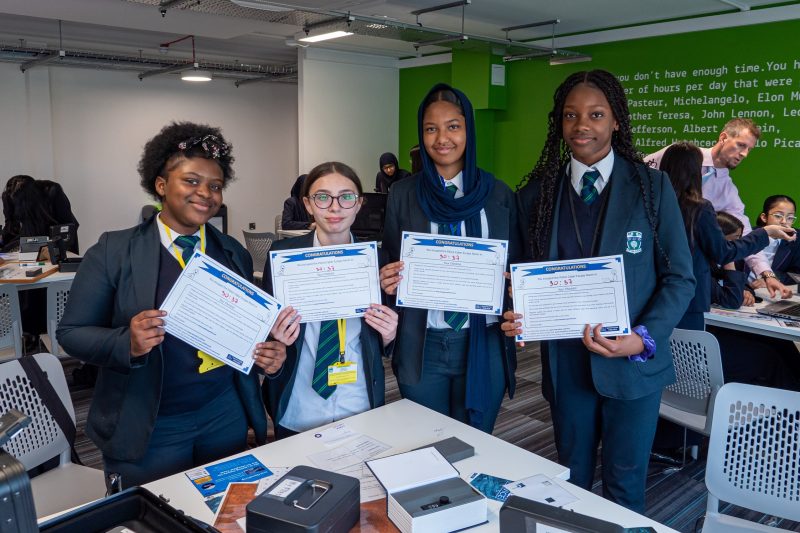 The winning team of school girls who took part in an interactive Escape Room exercise run by the London Metropolitan Police Cyber Choices Team