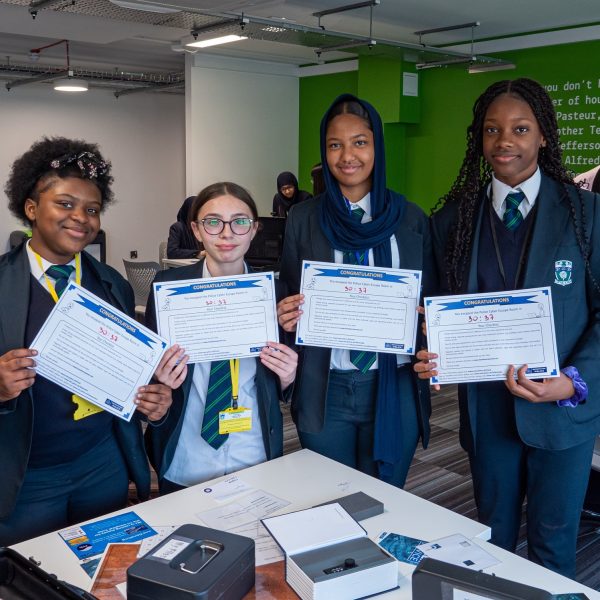 The winning team of school girls who took part in an interactive Escape Room exercise run by the London Metropolitan Police Cyber Choices Team