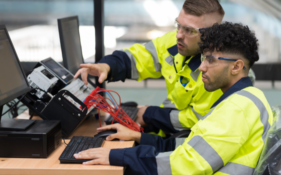 Two people wearing safety glasses and high-visibility clothing work at a computer workstation, reviewing technical equipment and wiring in an industrial training or engineering environment.