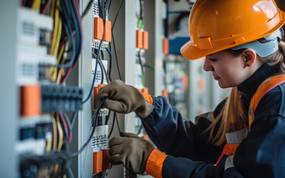 A person wearing a hard hat, high-visibility clothing and protective gloves works on electrical wiring inside an industrial control panel, with additional equipment and workers visible in the background.