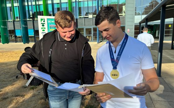 Students Kseveras Gramauskas left BTEC in Business celebrates with Harvey Mc Laughlin Engineering T Level at Barking Dagenham College 13th August 2026 pic 3