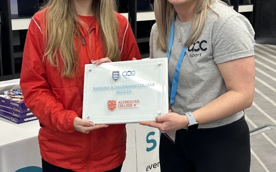 Womens Football Development Officer Kayleigh Heron received the plaque on behalf of the college from Beth Morrell National Football Development Coordinator ECFA
