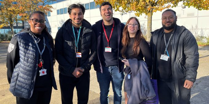 Olympic Sprinter Adam Gemili with teachers Gwen Edwards and Ikram Chowdhury and students Zain Usman and Lacey Ann F