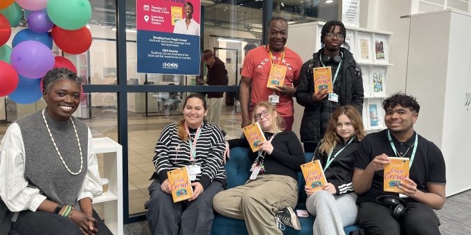 Book club visited by actress and author Andi Osho with lecturer Samuel Nelson and student Oluwatobi Adebona in back row