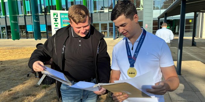 Students Kseveras Gramauskas left BTEC in Business celebrates with Harvey Mc Laughlin Engineering T Level at Barking Dagenham College 13th August 2026 pic 3